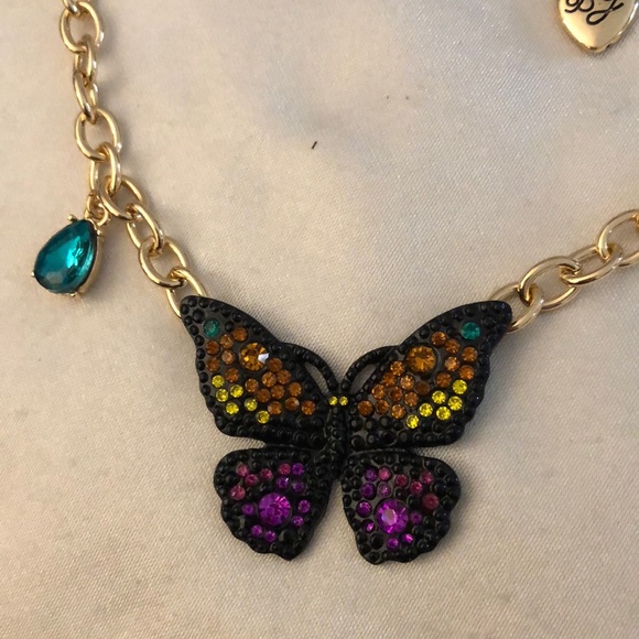 Betsey Johnson Gold Tone Black Butterfly Pendant Necklace Multi Colored Crystal - Picture 11 of 16